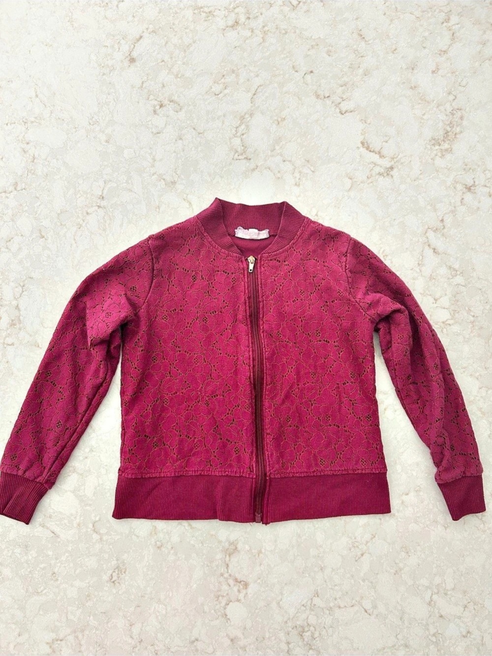 BeTween Girls Floral Lace Bomber Jacket in Burgundy Size 8